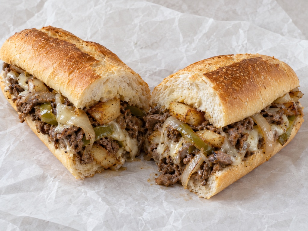 Steak & Cheese Sandwich w/ Peppers, Onions, & Potatoes